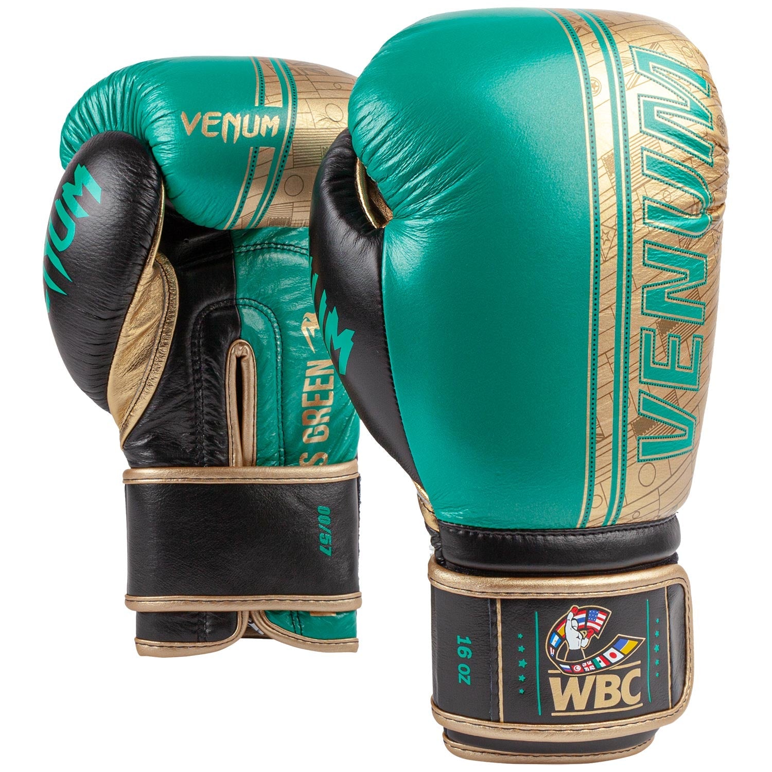 Gants de boxe Pro Venum Shield - Edition limitée WBC - Velcro - Vert Métallique/Doré