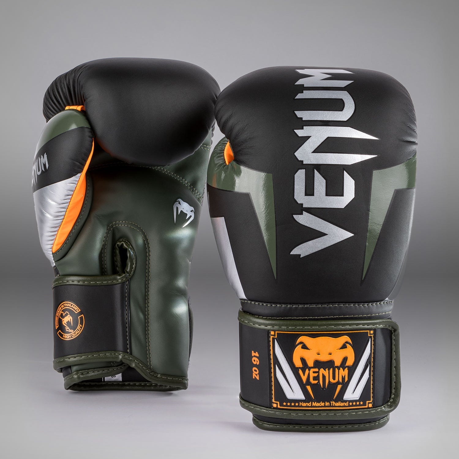 Gants de boxe Venum Elite - Noir/Argent/Kaki
