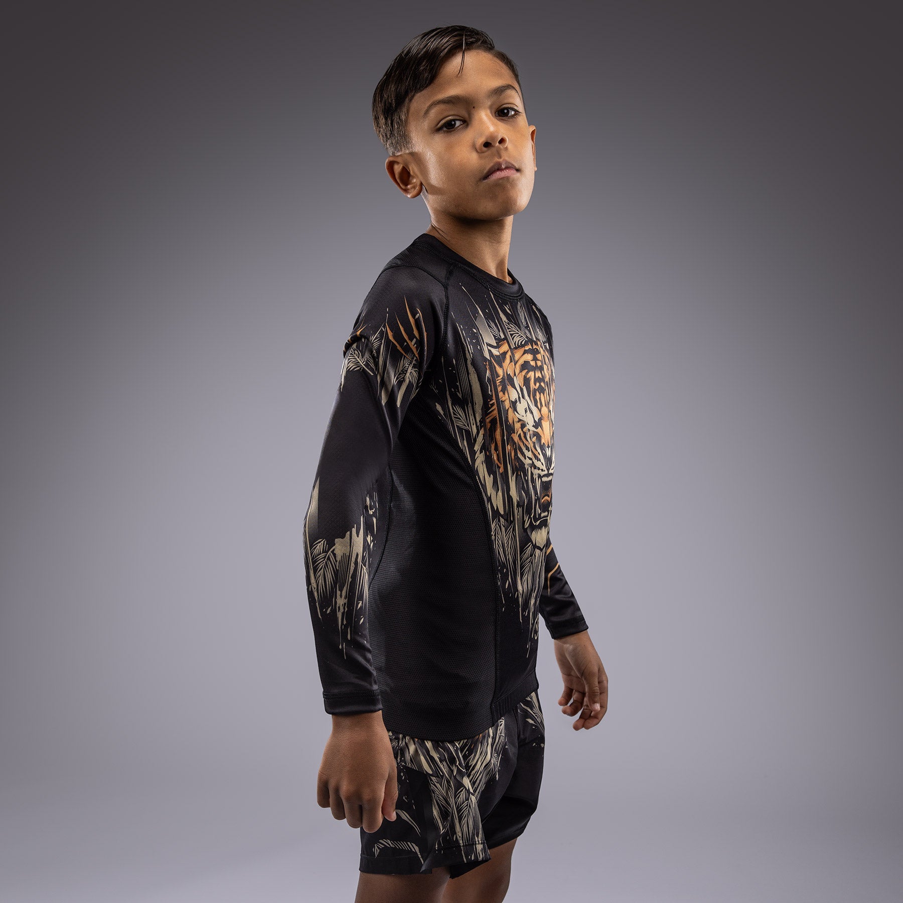 Rashguard à Manches Longues Venum Tiger pour Enfants - Noir/Orange Néon